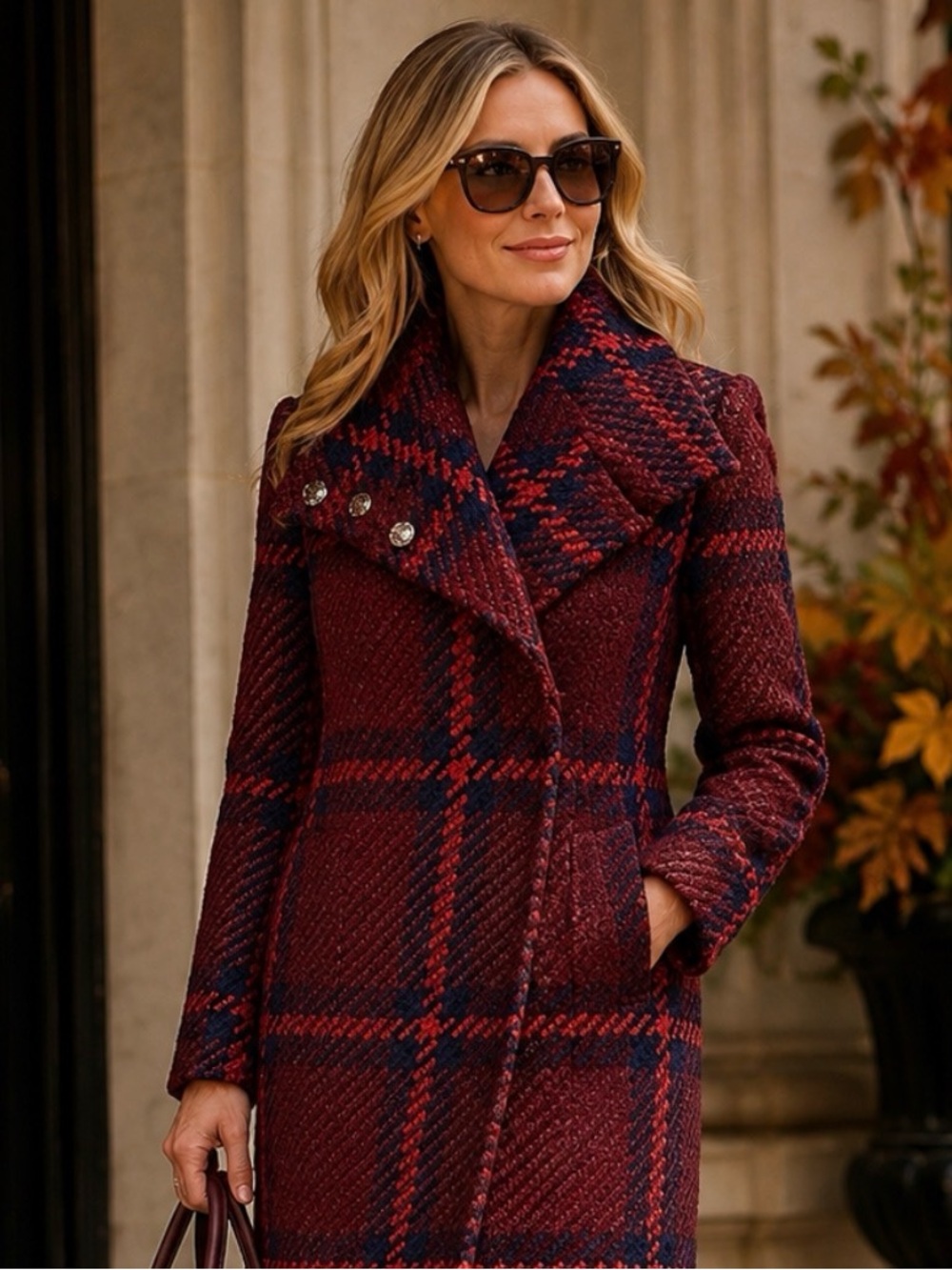 Ann Taylor Plaid Funnel Neck Wool Blend Winter Coat Burgundy Red Navy Medium